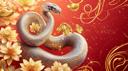 A Majestic Gold Snake Encircled by Blooming Lotus Flowers