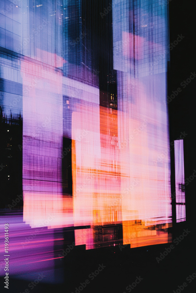 Poster vibrant abstract urban nightscape with illuminated modern architecture and reflective skyscraper pat