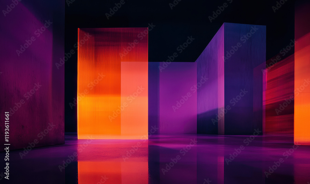 Poster exploring the vibrant intersection of light and architecture: a geometric symphony of colorful refle