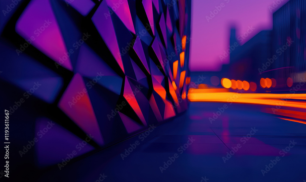 Poster dynamic urban cityscape: abstract architectural patterns and vibrant evening colors in modern design