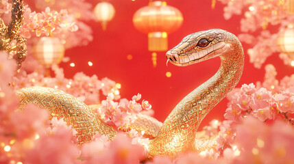 Golden Snake Amidst Cherry Blossoms for Lunar New Year
