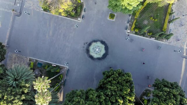 Fountain near to Cathedral de Puebla aerial drone shot of Central Iglesia in Puebla de Zaragoza, Mexico, Zocalo square