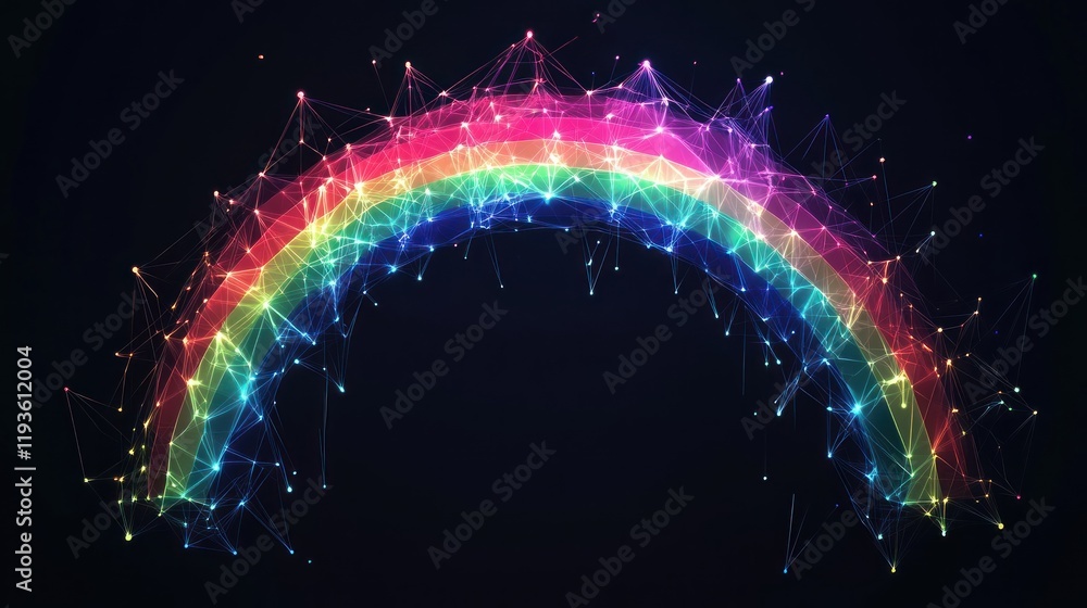 Poster abstract digital rainbow arc: a kaleidoscope of colorful polygonal lines and glowing nodes