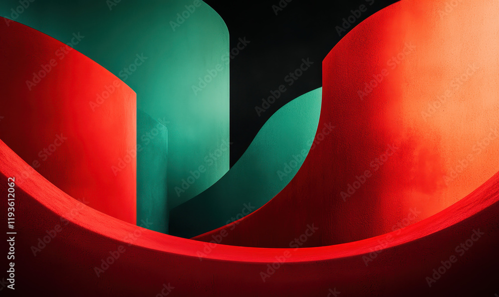Poster explore vibrant abstract architecture featuring dynamic red and green curves creating a modern minim