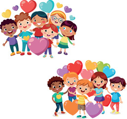Happy children holding hands and celebrating with heart balloons