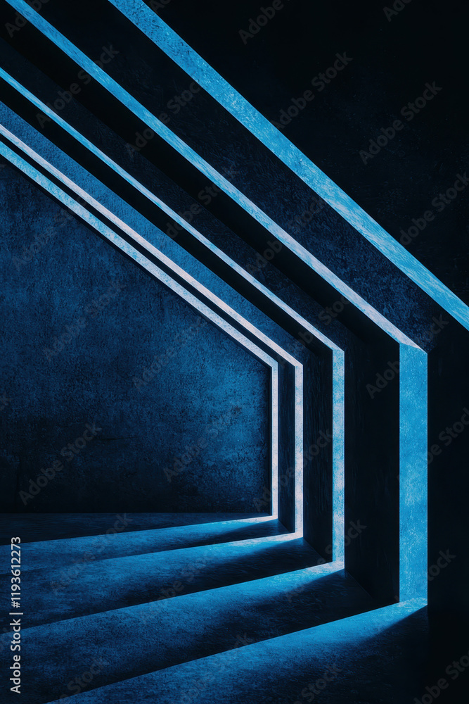 Poster explore the essence of minimalist blue architecture through dynamic geometric patterns and playful s