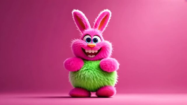 Happy pink fluffy bunny rabbit holding green fur ball on pink background.