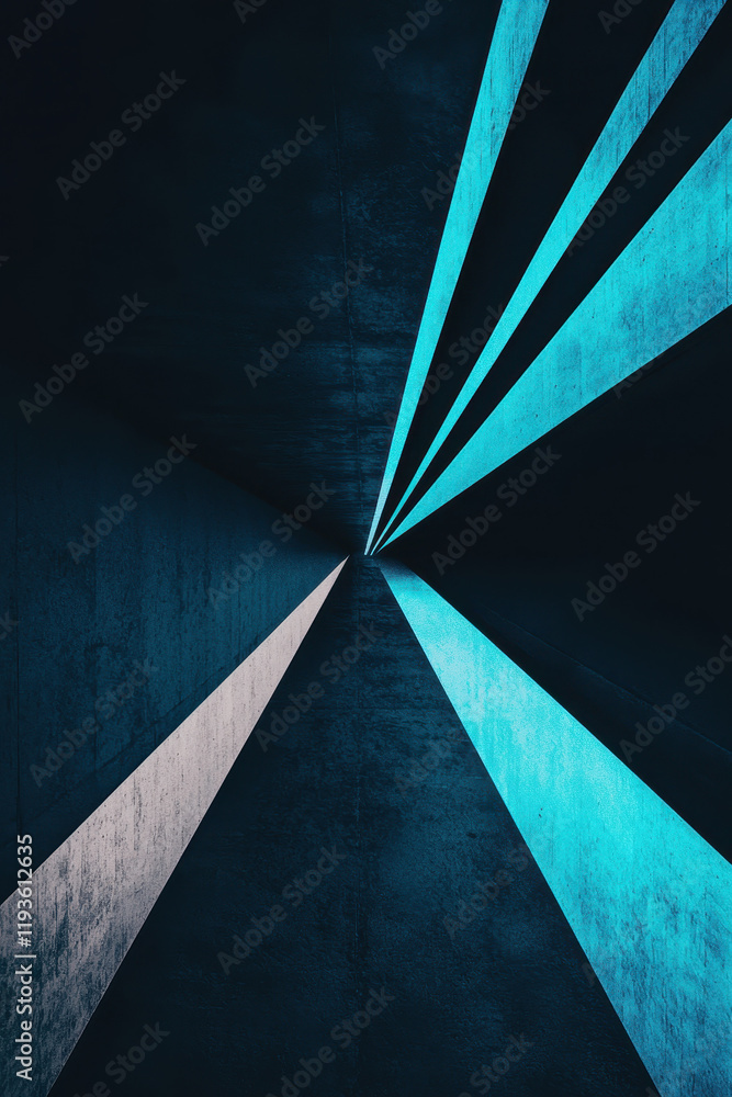 Poster intriguing geometric abstract with dynamic lines and perspectival depth in a striking blue and black