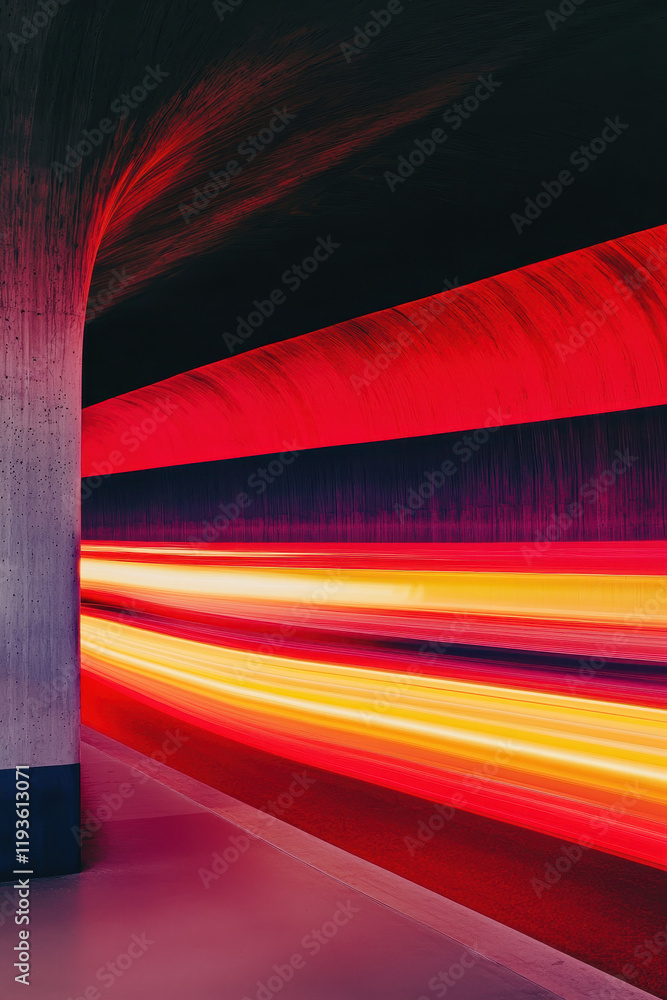 Poster Dynamic Abstract Light Trails in an Urban Tunnel Capturing Speed and Motion with Vibrant Red and Yellow Hues