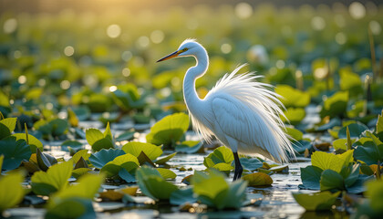 A graceful white heron stands amidst vibrant water lilies in a serene pond, captured during the enchanting golden hour as the sun sets, creating a peaceful atmosphere