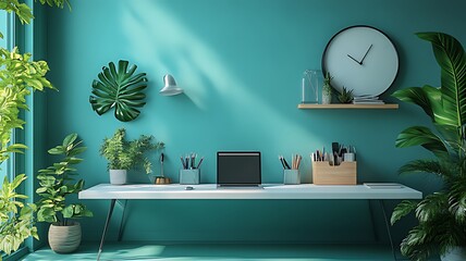 Sunlit teal home office with plants, laptop, and desk organizer.