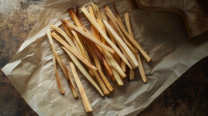 Crispy baked parsnip sticks on parchment paper - rustic snack or side dish