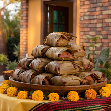 Muchos tamales apilados en charola listos para comerse en una mesa de jard&iacute;n de una casa tradicional de M&eacute;xico.