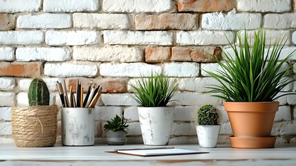 Desk with potted plants, stationery, and notebook against a white brick wall.