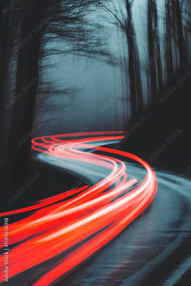Poster dynamic light trails carving through a mysterious forest path capture the essence of speed and motio