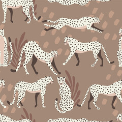 Cheetah big cat exotic seamless pattern - Mocha Mousse - tropical plants - hand drawn vector illustration
