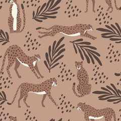 Cheetah big cat exotic seamless pattern - Mocha Mousse - tropical plants - hand drawn vector illustration