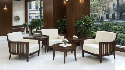 Sophisticated lounge area featuring cozy furniture and minimalist design elements, perfect for relaxation and social gatherings.