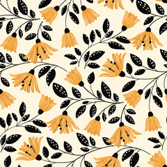 Bold Yellow Bell Flowers &ndash; Modern Black and Cream Floral Design - seamless pattern