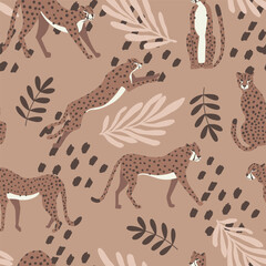 Cheetah big cat exotic seamless pattern - Mocha Mousse - tropical plants - hand drawn vector illustration