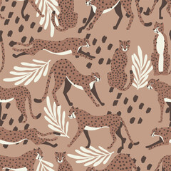 Cheetah big cat exotic seamless pattern - Mocha Mousse - tropical plants - hand drawn vector illustration