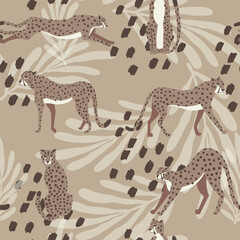 Cheetah big cat exotic seamless pattern - Mocha Mousse - tropical plants - hand drawn vector illustration