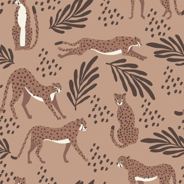 Cheetah big cat exotic seamless pattern - Mocha Mousse - tropical plants - hand drawn vector illustration