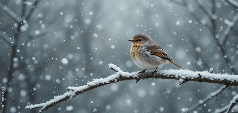 Poster a small bird with a mix of brown and cream feathers rests on a snow-covered branch. snowflakes fall 