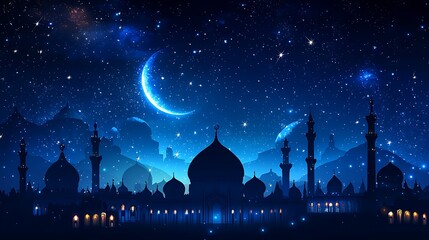 Eid Mubarak card, Silhouette Dome Mosques at night with crescent moon, dark blue sky,Vector banner background for Islamic religions ,Eid al-Adha, Eid al-fitr, Happy muharram, Islamic new year Eid Muba