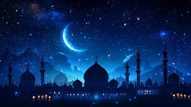 Eid Mubarak card, Silhouette Dome Mosques at night with crescent moon, dark blue sky,Vector banner background for Islamic religions ,Eid al-Adha, Eid al-fitr, Happy muharram, Islamic new year Eid Muba - Powered by Adobe