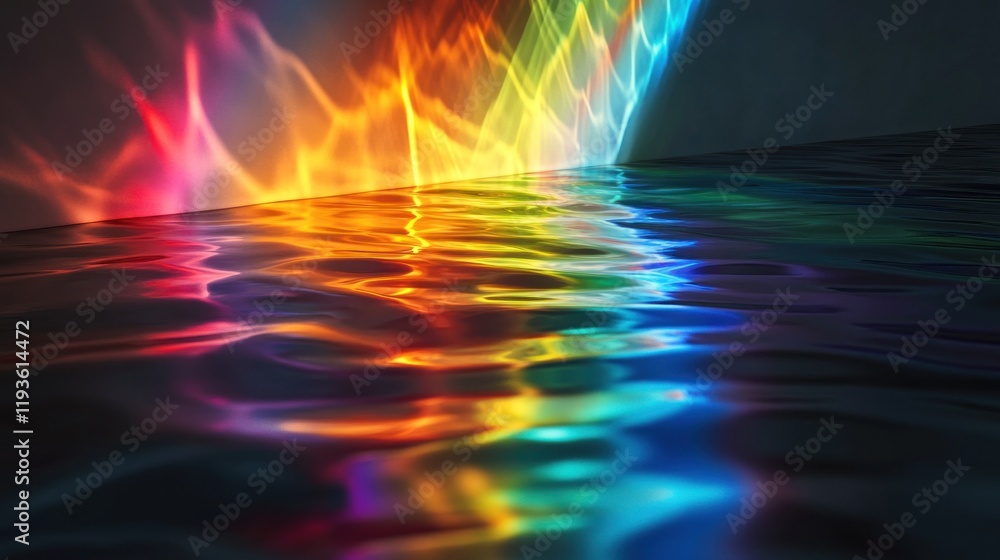 Poster abstract rainbow reflection on water surface: a vivid spectrum of light and color