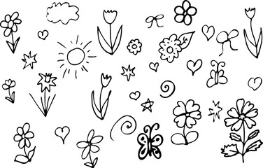 Set of black silhouettes elements of flowers herbs leaves hearts sun stars  Isolated on white background Hand drawn drawing illustration Spring element Doodle style