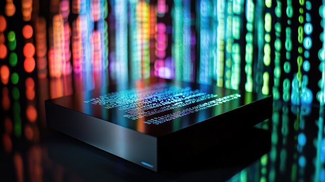 Quantum chip on a sleek black platform, illuminated by holographic projections of binary code