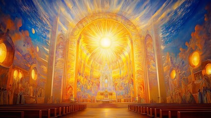 Obraz premium Vibrant portrayal of religious art murals and sacred architecture illuminated by divine light