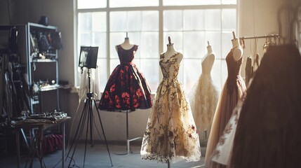 Elegant gowns displayed on mannequins in a design studio