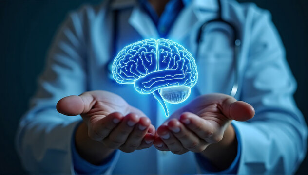 With a medical backdrop, a doctor's hand displays a hologram of a human brain.