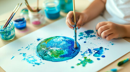 Naklejka premium A child's hand painting a colorful Earth with a brush, surrounded by jars of paint, symbolizing creativity, environmental awareness, and hope for a better future concept, Earth Day
