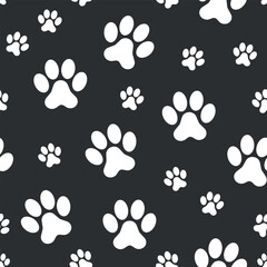 Paw Pet Footprint Pattern - White Pet Paws on Black Background. Seamless Link.