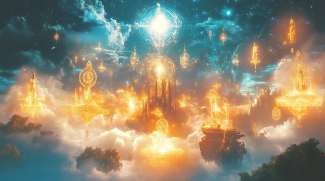 Celestial portrayal of paradise glowing spiritual symbols and divine beings