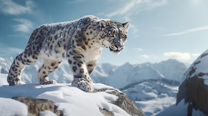 Fototapeta premium Majestic Snow Leopard on Snowy Mountain Peak