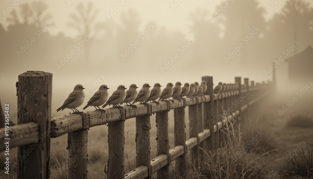 Poster a group of small birds sits closely together on a wooden fence in a misty environment. the tranquil 