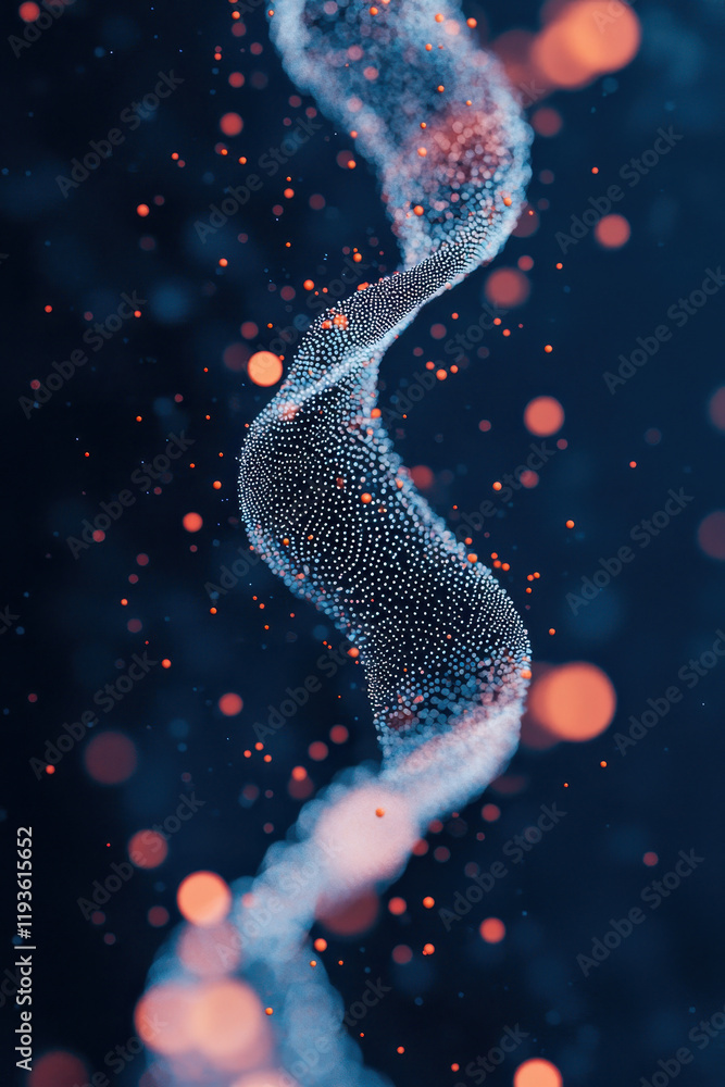 Poster abstract molecular structure with dynamic particles in a vibrant blue and orange palette for science