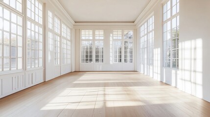 Sunlit Empty Room With Large White Windows and Wooden Floor