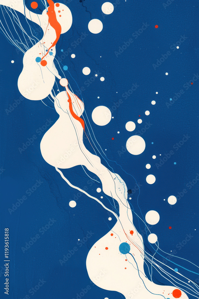 Poster dynamic abstract composition with blue and white flow featuring dots and organic patterns in modern 