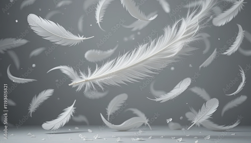 Poster soft white feathers drift gently through a calm gray background, creating a tranquil and ethereal am
