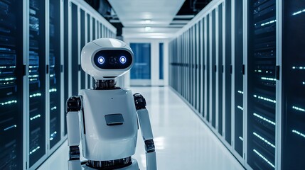 A robot assisting in automated data analysis in a high-tech data center with advanced computing systems and servers, clean and technological environment, Data-tech style