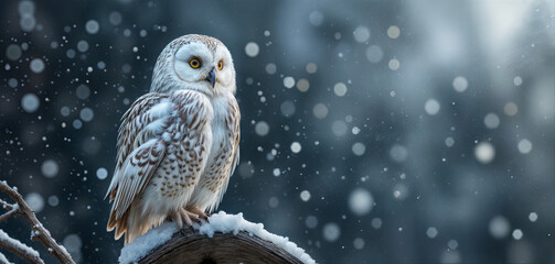 A snowy owl sits calmly on a snow-covered log amid falling snowflakes in a tranquil winter scene. The soft light of dusk creates a peaceful atmosphere in the wintry setting