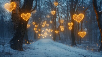 Enchanting winter path illuminated by glowing hearts in a magical forest scene