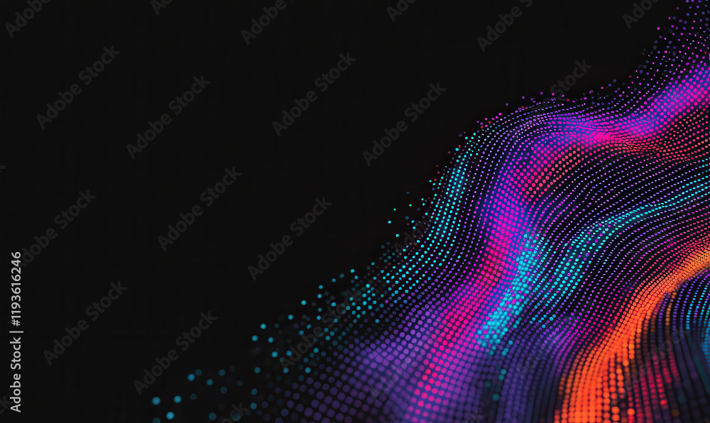 Poster vibrant abstract digital waves: a dynamic and colorful visual pattern of flowing gradient dots for g
