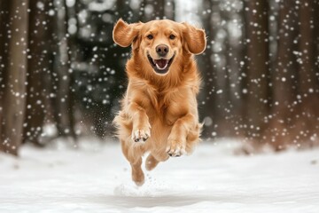 A golden retriever dog running in the snow, full-body shot, happy expression, forest background, snowflakes falling